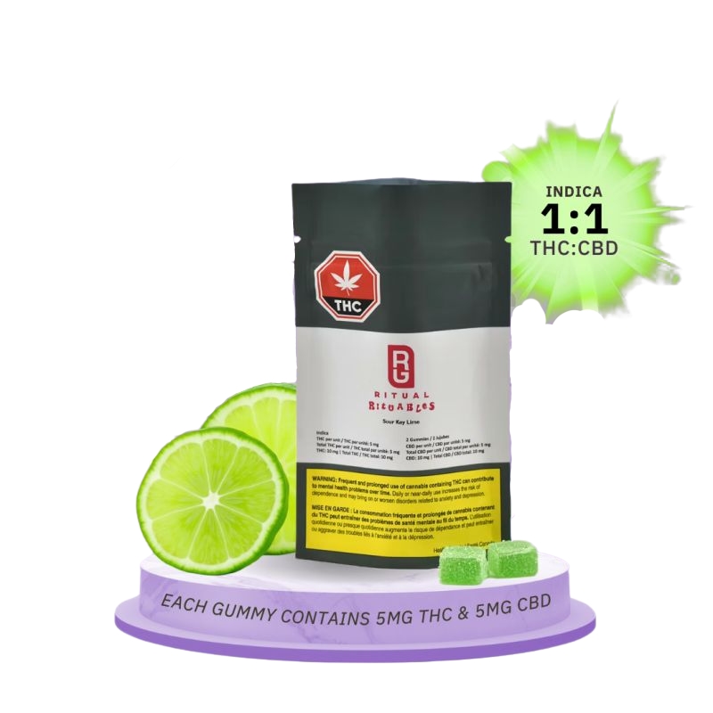 Ritual Rituables, Sour Key Lime - THC & CBD Gummies - THC 5mg, CBD 5mg - 2 edibles